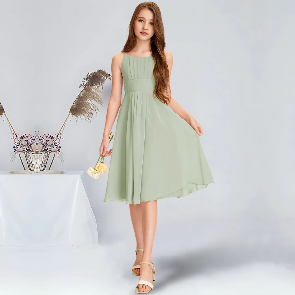 A-line Scoop Knee-Length Chiffon Junior Bridesmaid Dress Celadon Flower Girl Dress Wedding Party Communion Dresses For Teens