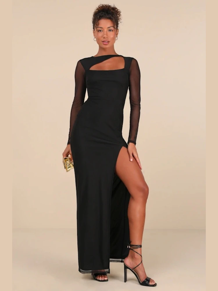 Customized Elegant Black Mesh Long Sleeve Evening Dresses Sexy Asymmetric Chest Cutout High Thigh Slit Floor Length Formal Dress