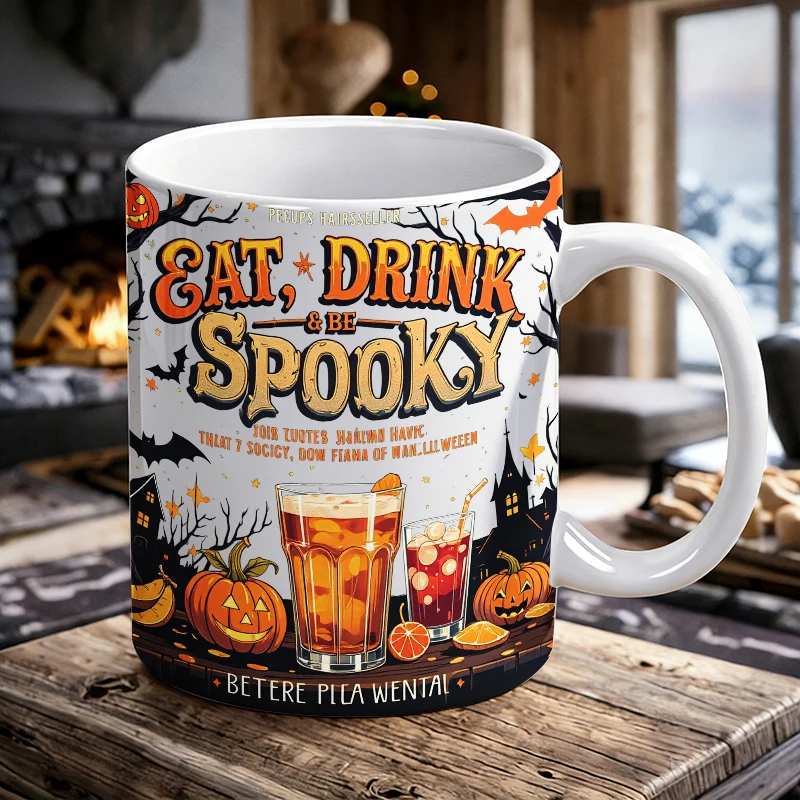 

1PCS 'Eat Drink & Be Spooky' ceramic mug, coffee cup, milk cup, office tea cup, drinking cup, does not fade, gift for friends