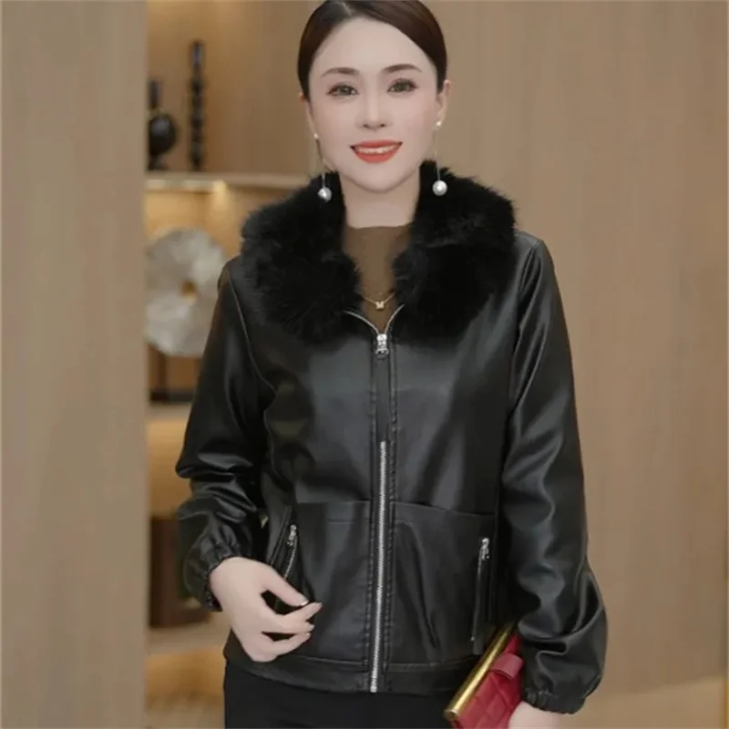 الكورية المرأة موضة فضفاضة بولي Leather بلوزة جلدية أبلى 2025 سيدة كبيرة الحجم 5XL سترة جلدية الشتاء الإناث قصيرة معطف جلد فو