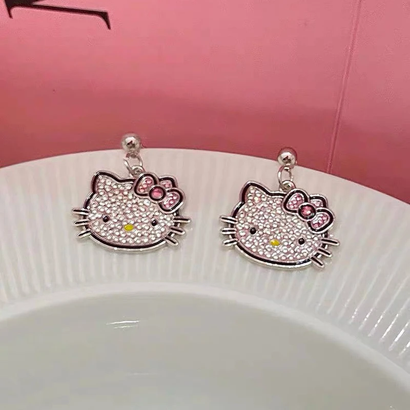 1Pair Sanrio Cartoon Rhinestone Hello Kitty Earrings Sweet Cute Cat Stud Earrings For Girl All-match Ear Jewelry Friends Gifts