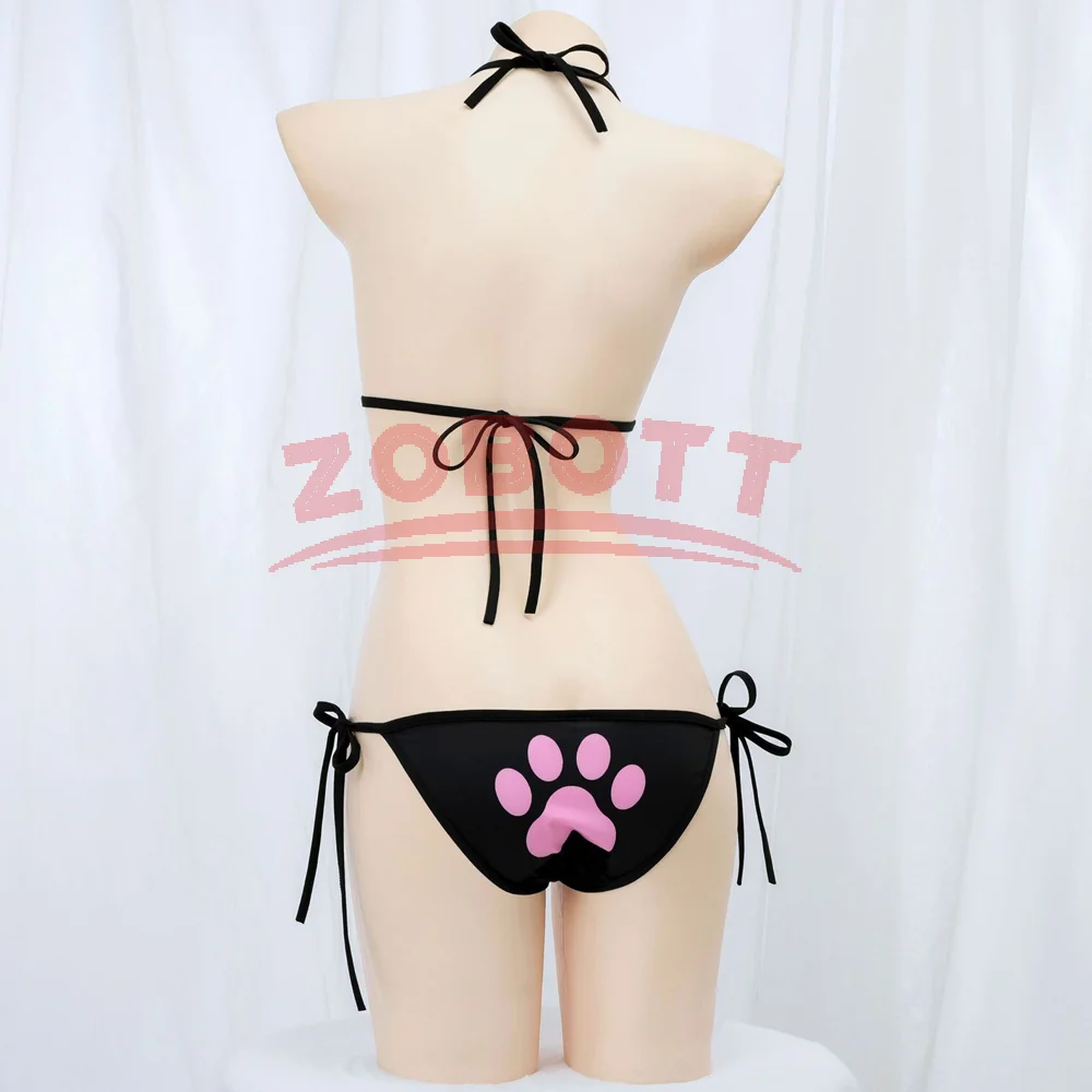 أنيمي Kawaii فتاة لطيف القط باو بيكيني تأثيري حلي ملابس السباحة النساء مخلب نمط ثلاث نقاط الملابس الداخلية مجموعة لحمام السباحة حفلة الشاطئ