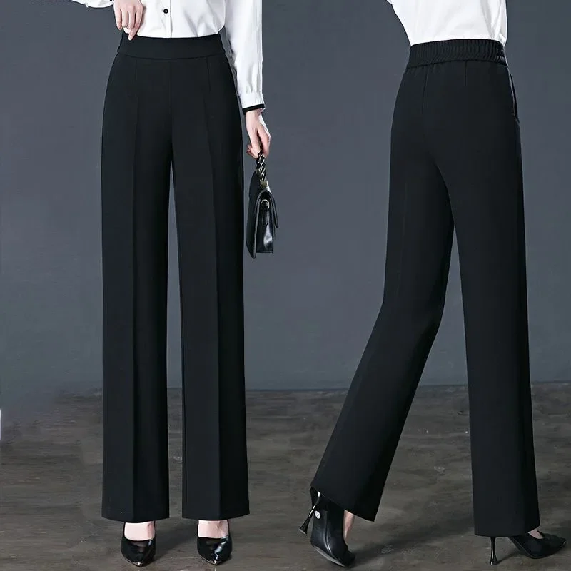 Elastic High Waist Casual Solid Pants Spring Autumn Women's Clothing Simplicity All-match Pockets Straight Trousers Female A1