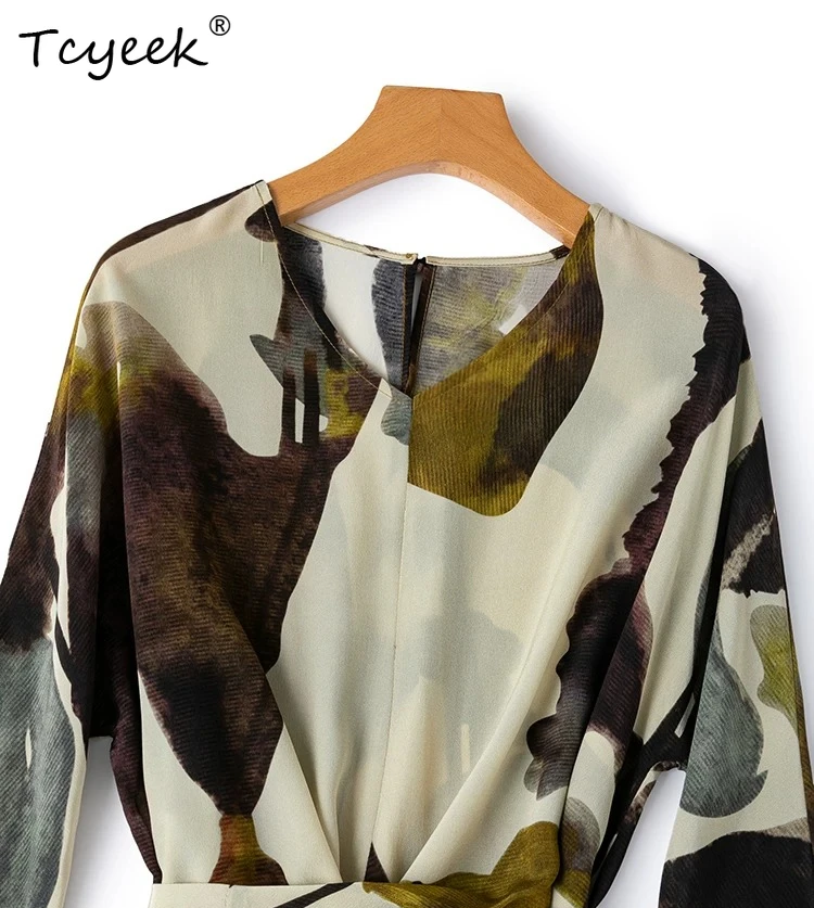 Tcyeek Partykleid aus 100 % natürlicher Seide, Sommerkleidung, elegante Kleider für Damen, weicher Vintage-Druck, Damenkleider, Платье Женское