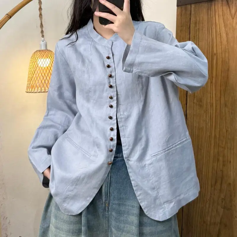 

New Arrival Spring Arts Style Women Long Sleeve Stand Collar Loose Shirt Vintage Single Breasted Cotton Linen Casual Blouse Tops