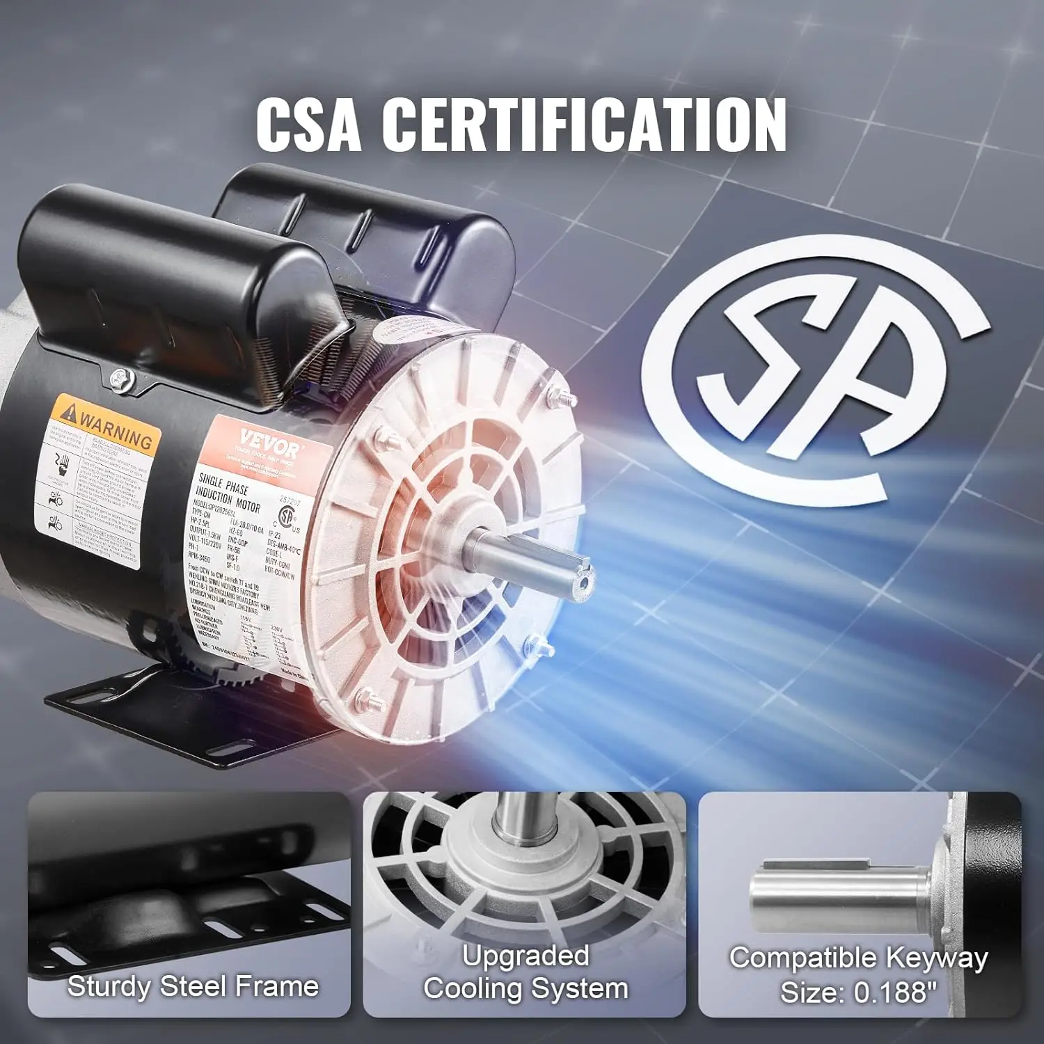 2HP SPL Air Compressor Electric Motor, 115/230V, 20/10 Amps, 56 Frame 3450RPM, 5/8" Keyed Shaft, CW/CCW Rotation