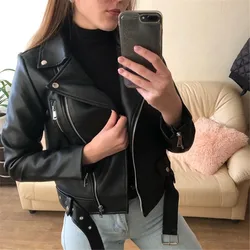 Women Faux Leather Jacket Chic Vintage Short Lapel Zipper Belt Motorcycle Coat Streetwear Moto Biker Coat Outwear