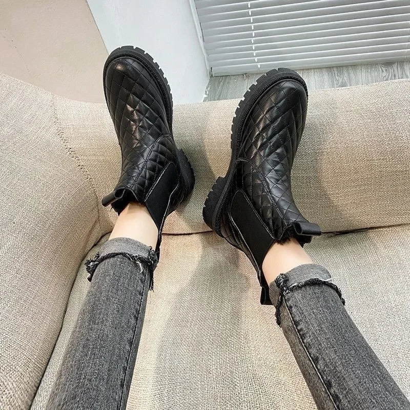 Shoes Woman Boots Non-Slip Boots Women Raise The Bottom Warm with Velvet Short Lattice Beige Black