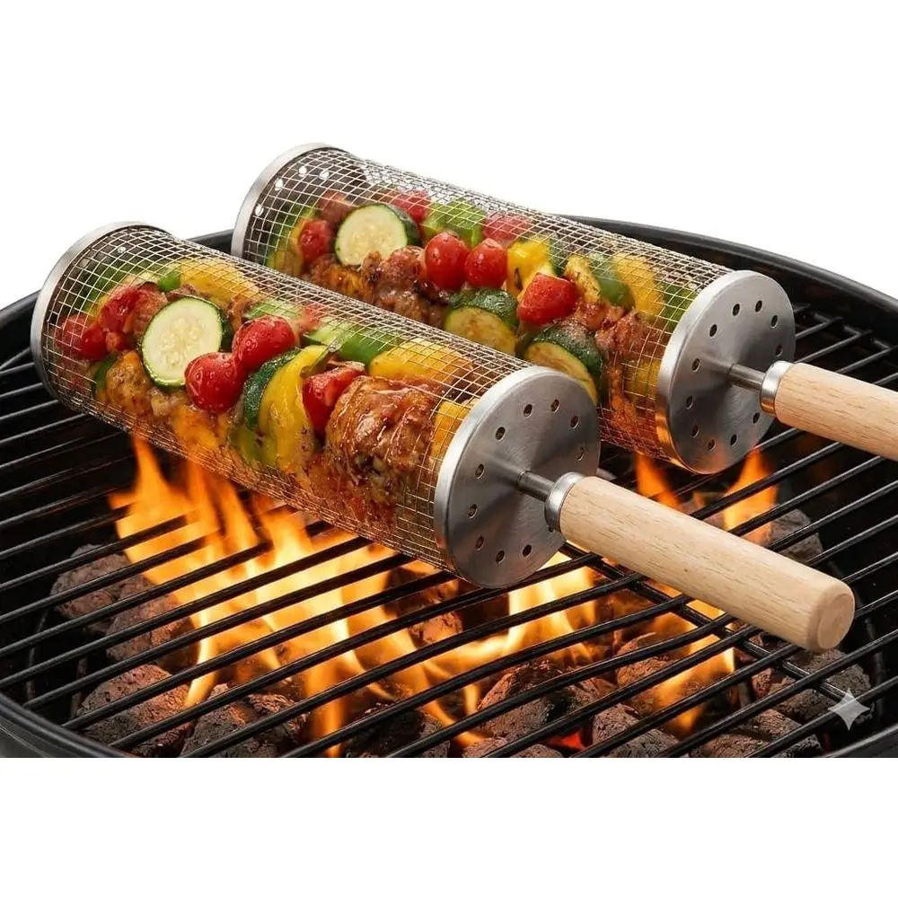 

Set of 2 Stainless Steel Nesting Grill Baskets for Rotisserie BBQ, Perfect for Cooking Vegetables, Shrimp, Fish, and Meat Outdoo