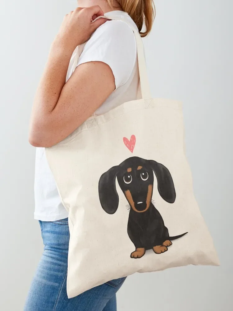 Black and Tan Dachshund with Heart Cute Cartoon Wiener Dog Tote Bag Handbags women shopping cart bags tote bag