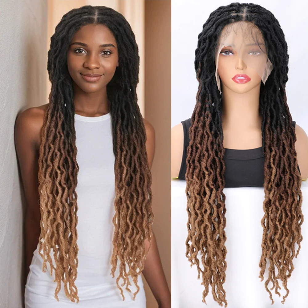 Parrucca piena in pizzo ondulato Gypsy Locs con i capelli del bambino 24 pollici parrucca sintetica marrone Ombre senza nodi morbida finta Locs parte quadrata parrucca Dreadlock