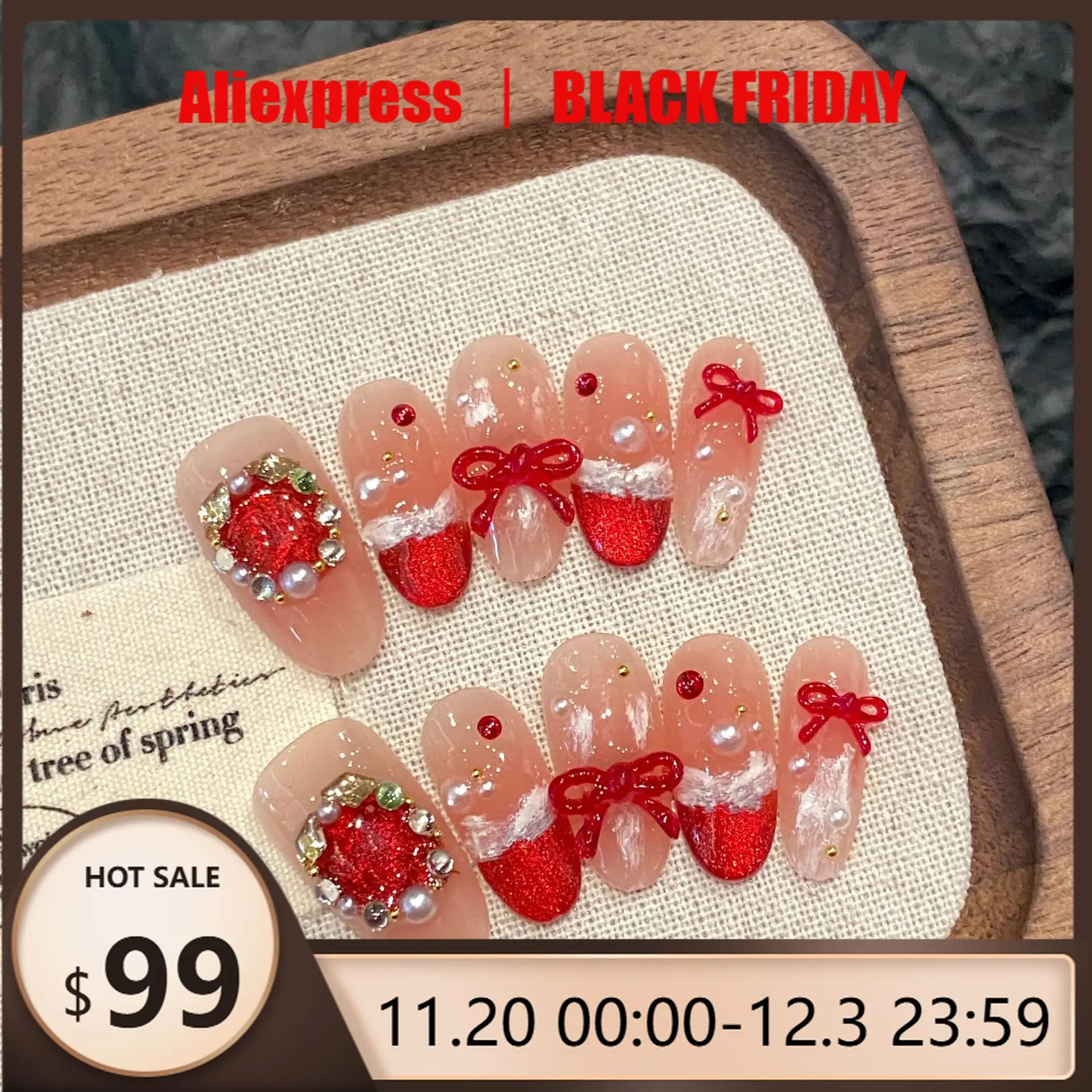 

10 шт. набор многоразовых наклеек для ногтей ручной работы с полным покрытием в форме миндаля в форме красного сердца и банта для женщин, 3D дизайн бабочки, накладные ногти