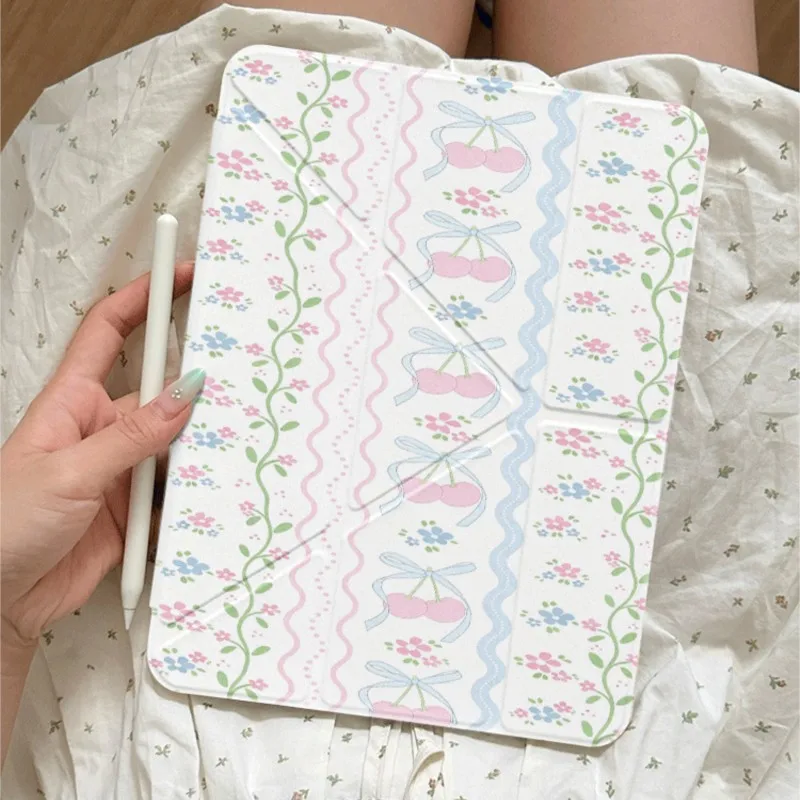 INS Korean Kawaii Cherry Floral Tablet Case With Pencil Slot For Samsung Galaxy Tab A9/A11 8.7in A8 S6 Lite 10.5/10.4inch Cover