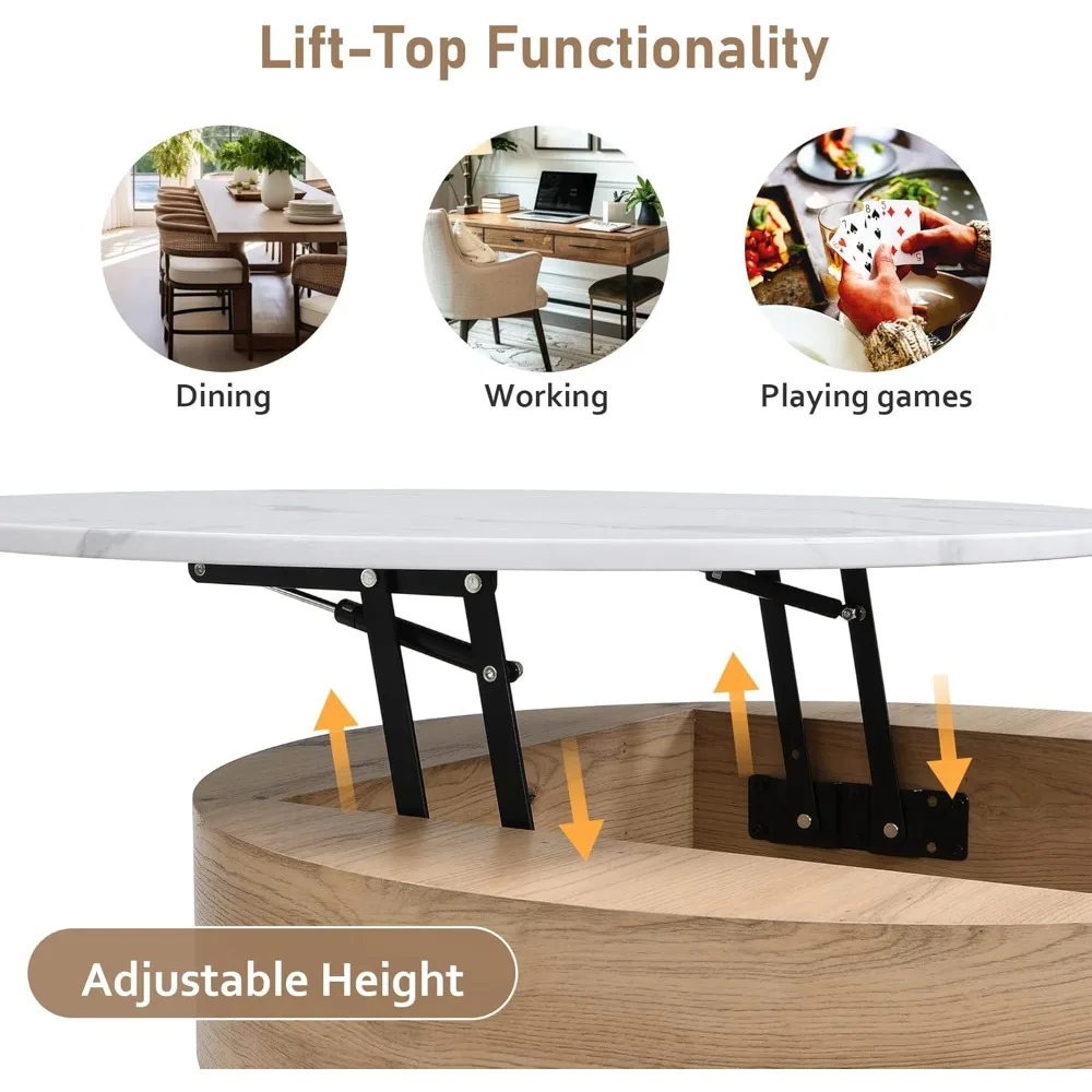 Merax Modern Round Lift-Top Coffee Table with Hidden Storage & 3 Ottoman, White + Natural