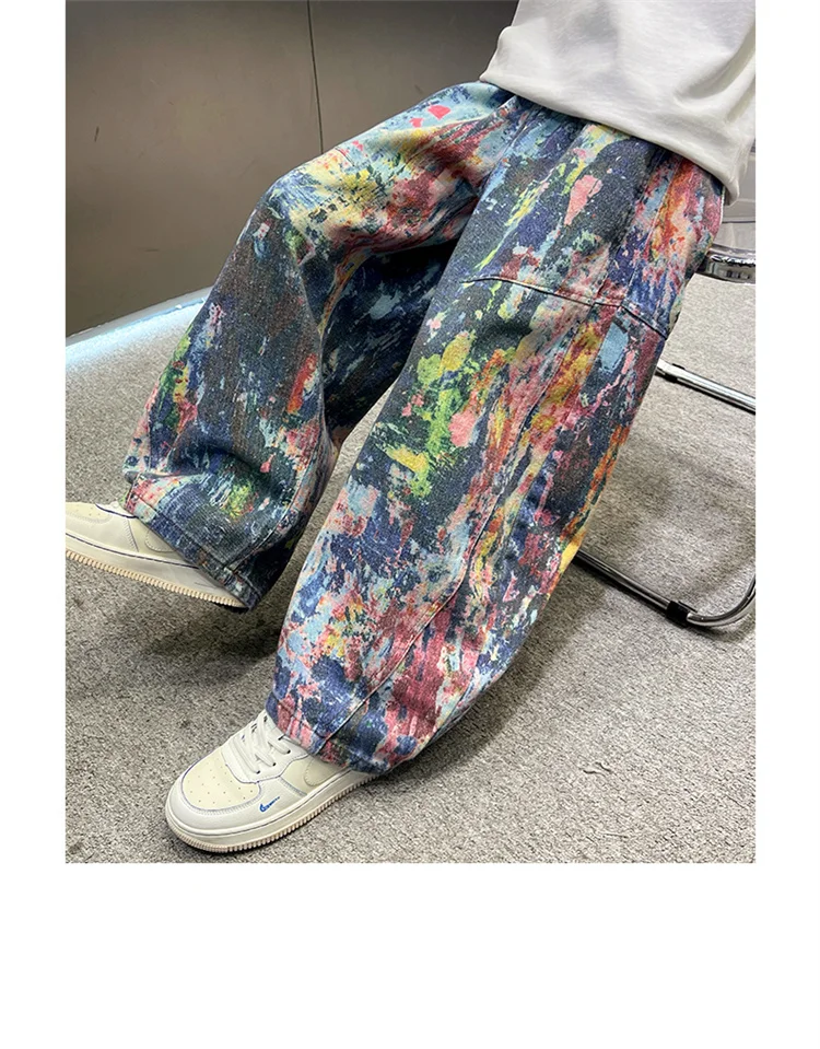 Street-Style Kinder Baggy Jeans mit Malerei für Jungen, Modische Hip-Hop Bedruckte Öl-Denim-Hosen, Teenager Kinder Streetwear Jeans Hosen – Detail 4
