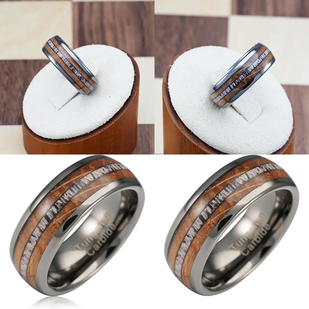 

Мужские кольца из вольфрама цвета оружейной стали с инкрустацией из древесины виски-бараунда и оленьего рога, размеры 6-16