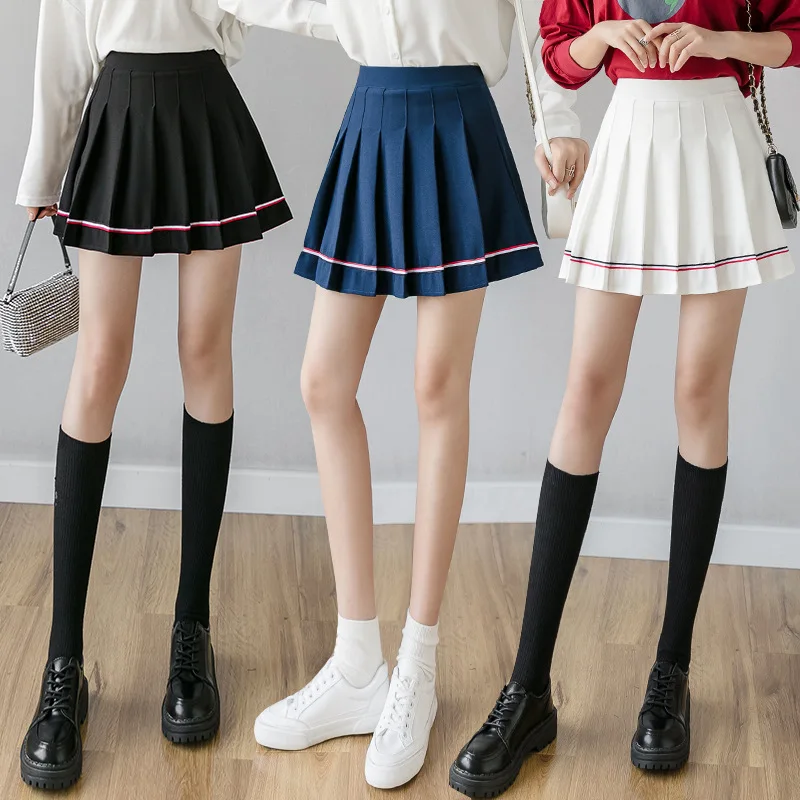 New Polyester Women's Pleated Skirt With Colorful Stripes High Waisted A-line Skirt Student School Style Anti Glare Short Skirt