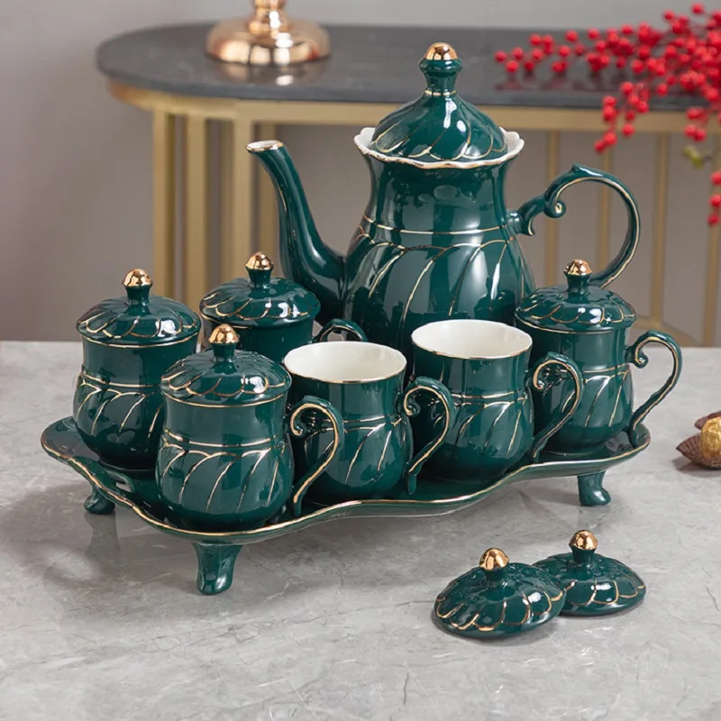 Ceramic Coffee Tea Set Creative Phnom Penh Green 1 Pot 6 Cups 1 Tray Porcelain Teaware Sets Coffee Pot Afternoon Tea Kettle