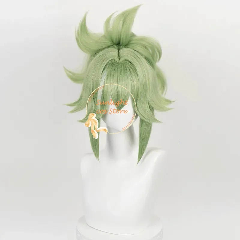 Peluca de Cosplay CyGame Kuki Shinobu, 33cm, cola de caballo corta verde claro, pelucas de Cosplay de Anime, pelo resistente al calor, pelucas para fiesta de Halloween