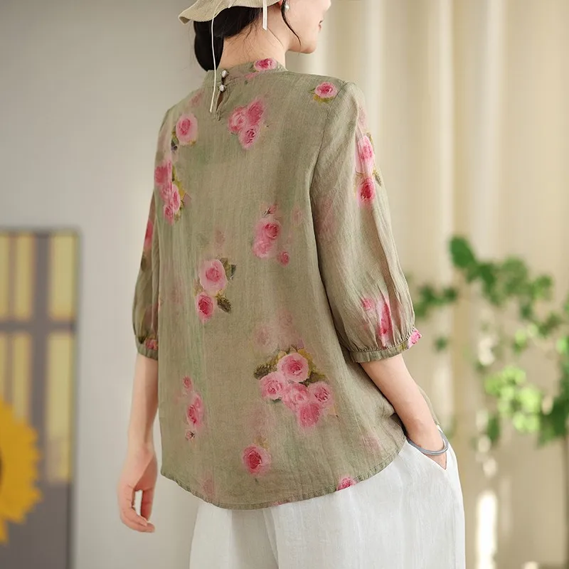 Women Casual Blouses Shirts New 2024 Summer Chinese Style Vintage Embroidery Floral Print Loose Female Tops Shirts B3862