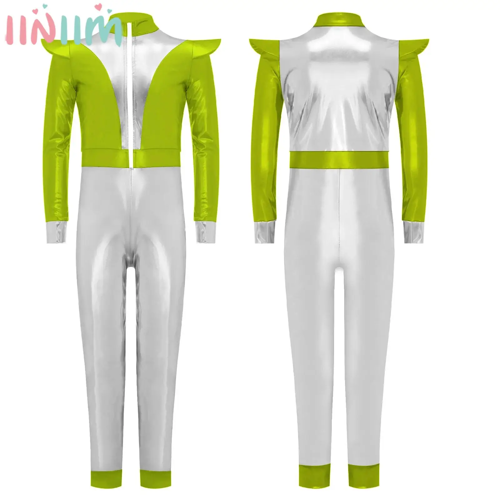 

Детский костюм космического инопланетянина с длинными рукавами, блестящий металлический комбинезон на Хэллоуин, робот-космонавт, галактика, воин, одежда для косплея