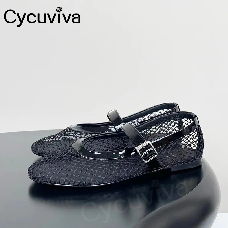 

New Fish Mesh Ballet Flats Shoes Women Black Leather Ladies Casual Shoes Summer Net Rome Dress Shoes For Women Sandals