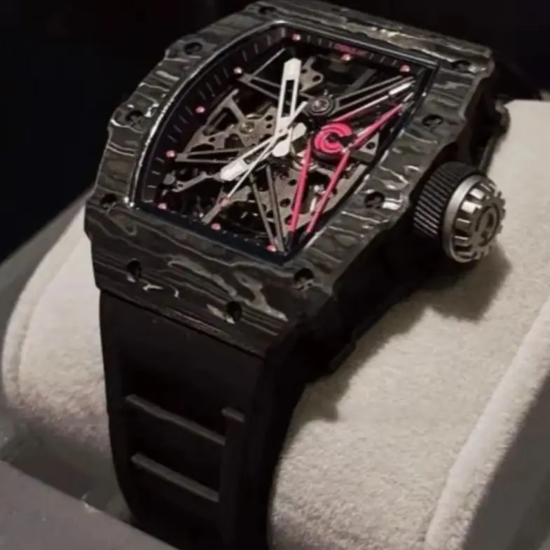 CRONUSART Men Automatic Watch 50mm Tonneau Mechanical Wristwatch Carbon Fiber Case Sapphire FKM Strap Luminous Skeleton Dial