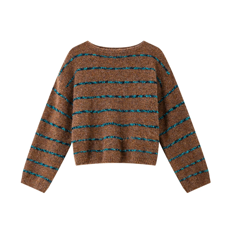 VIMLY Ontspannen gestreepte gebreide trui voor dames 2025, herfst, schuine hals, contrasterende kleur, ontwerp, truien, luie stijl, zachte trui 30398