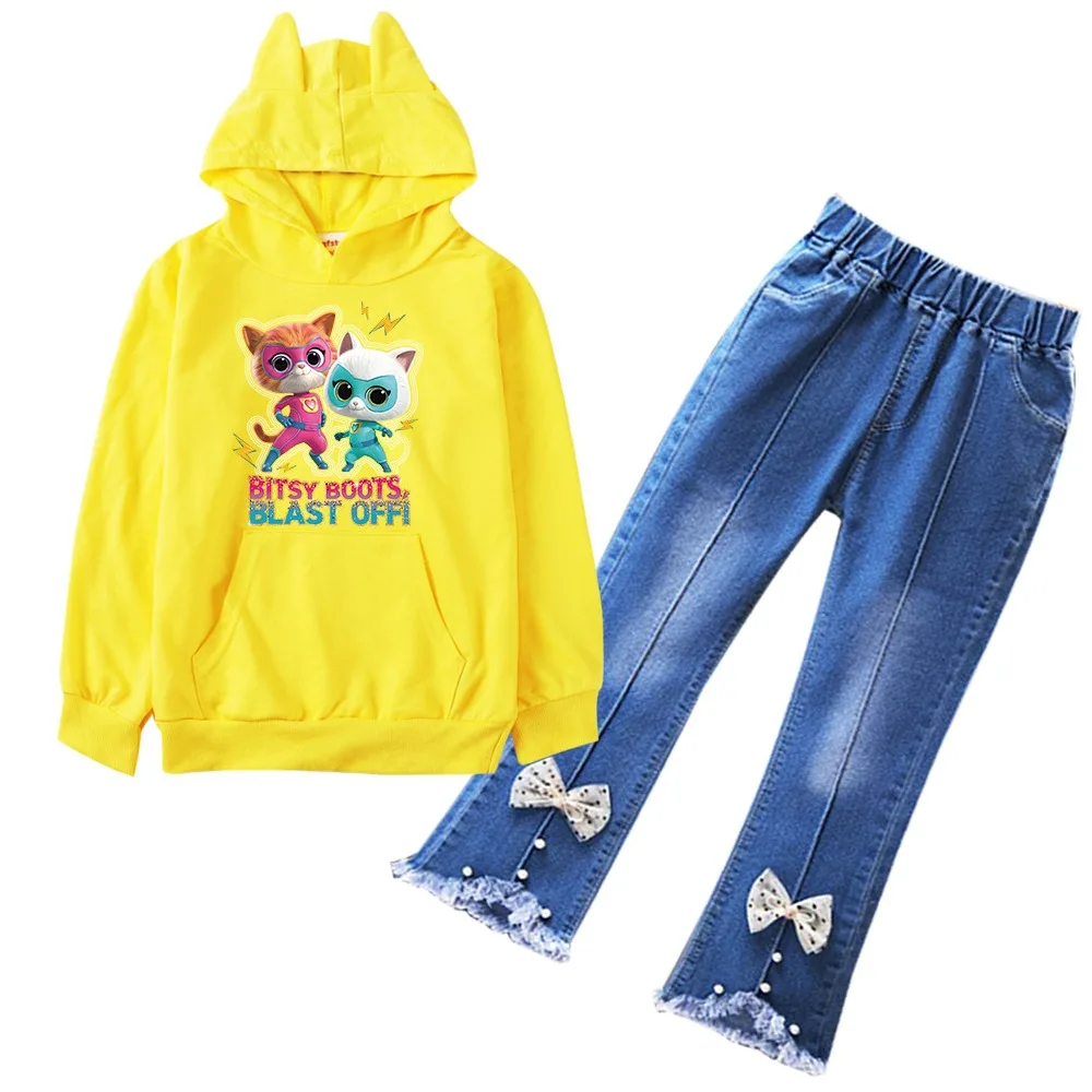 Setelan baju anak perempuan, setelan kartun Superkitties pakaian musim semi musim gugur Pullover Hoodie + celana Jeans denim 2 potong