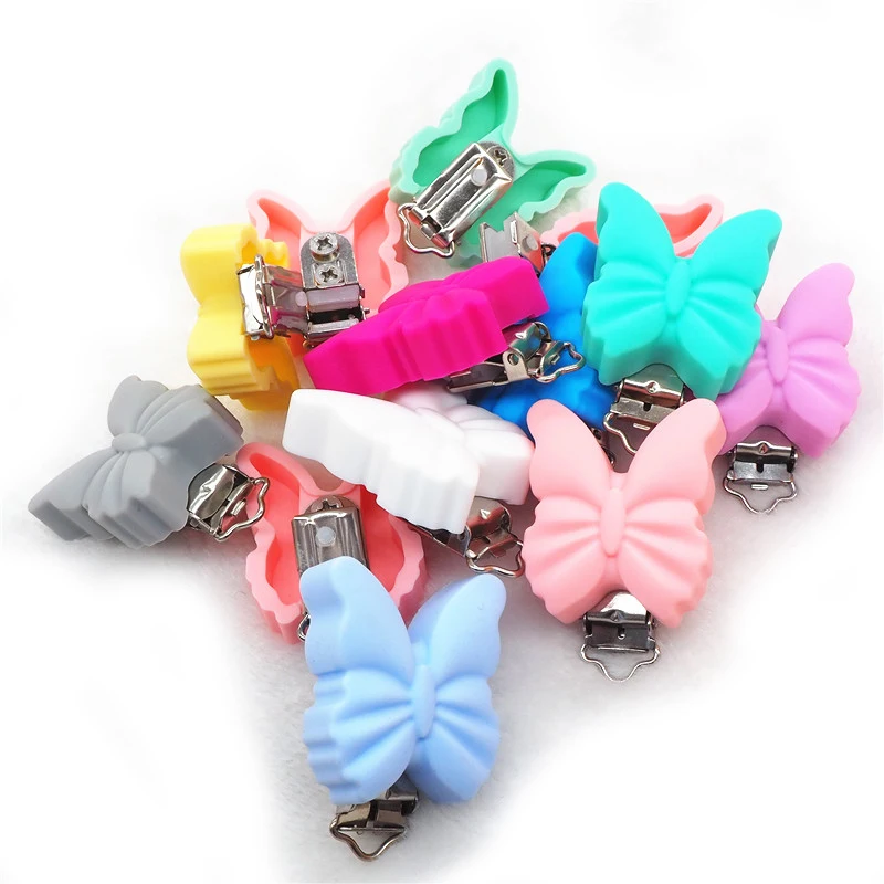 

Chenkai 10PCS BPA Free Silicone Butterfly Teether Clips DIY Baby Pacifier Dummy Chain Holder Jewelry Soother Nursing Toy Clips