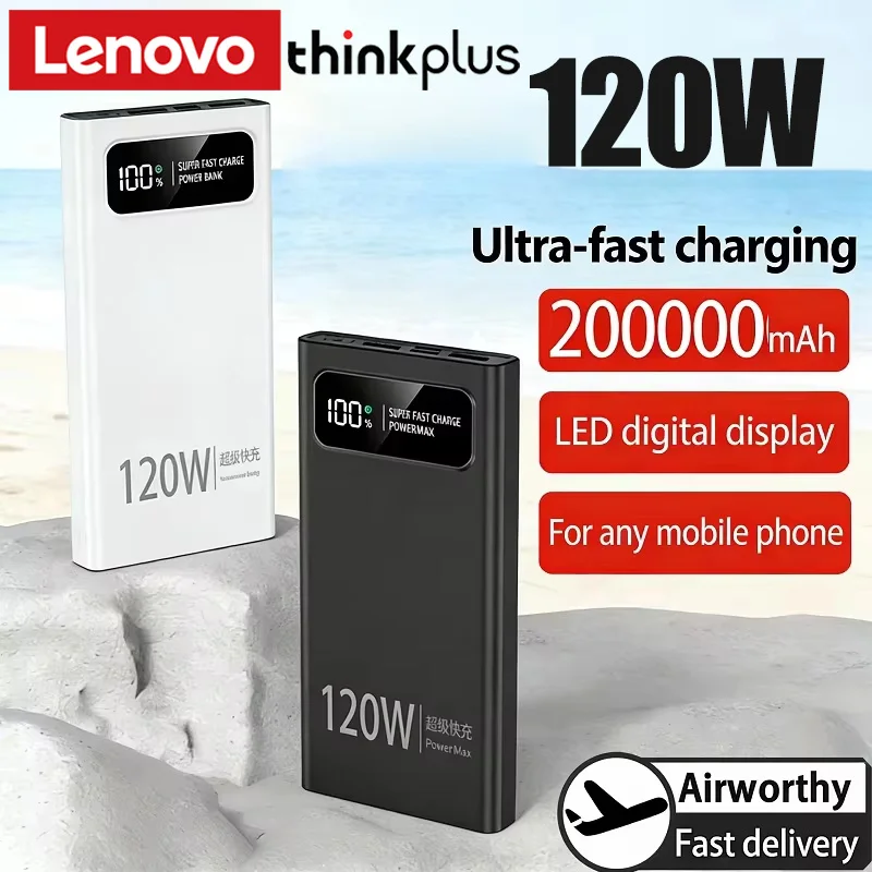Lenovo ThinkPlus 200000mAh Large Capacity Powerbank 120w Super Fast Charging Led Digital Display Portable External Battery New