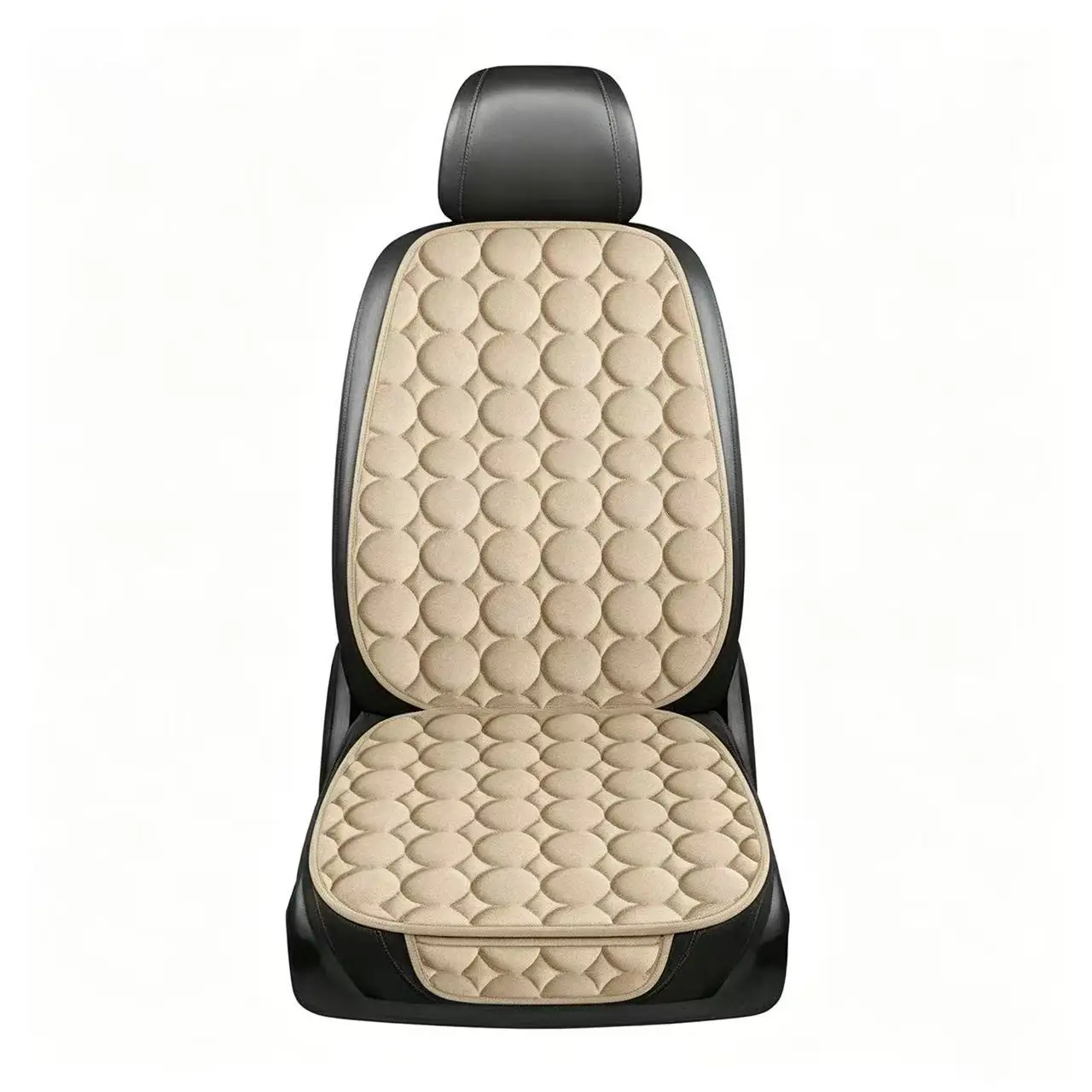 Beige Oval Quilted Leather Car Front Seat Cushion Universal Waterproof Anti-slip Auto Single Seat Pad Wear Resistant Car Interio