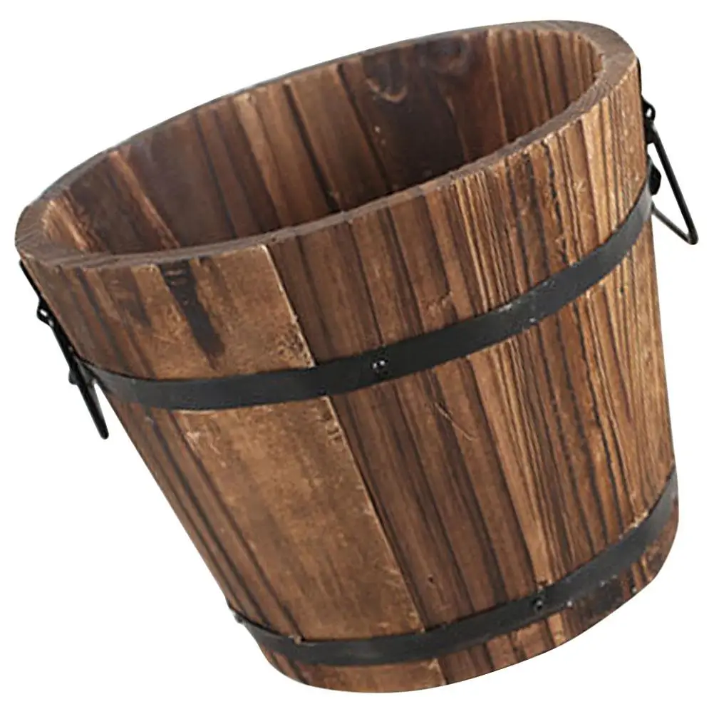 Wooden Flower Pot Medium Size with Handles for Garden Wood Barrel Planter Rustic Style Succulent Container