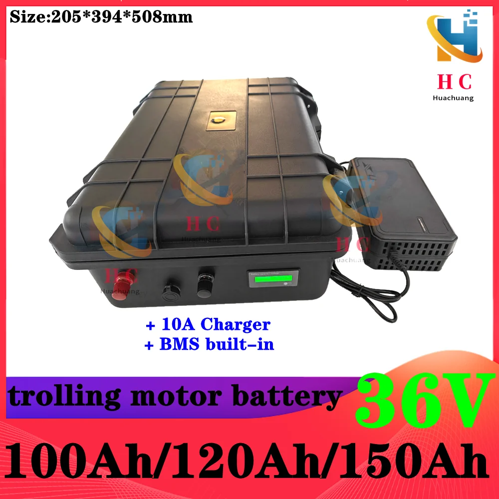 

Waterproof IP67 36V lifepo4 100Ah 120Ah 150Ah with bms for trolling motor fishing boats EV RV + 10A charger