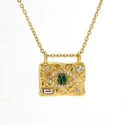 INS Trendy Stainless Steel Gold Plated Inlaid Green Malachite Stone Lava Square Turkish Eye Pendant Necklace for Women Gift