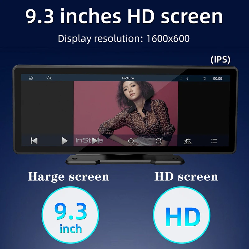 9.3 Inch 4K DVR 2 Channels CarPlay Android Auto Dash Cam Voice Control Bluetooth Audio GPS Navigation Dashboard Video Recorder