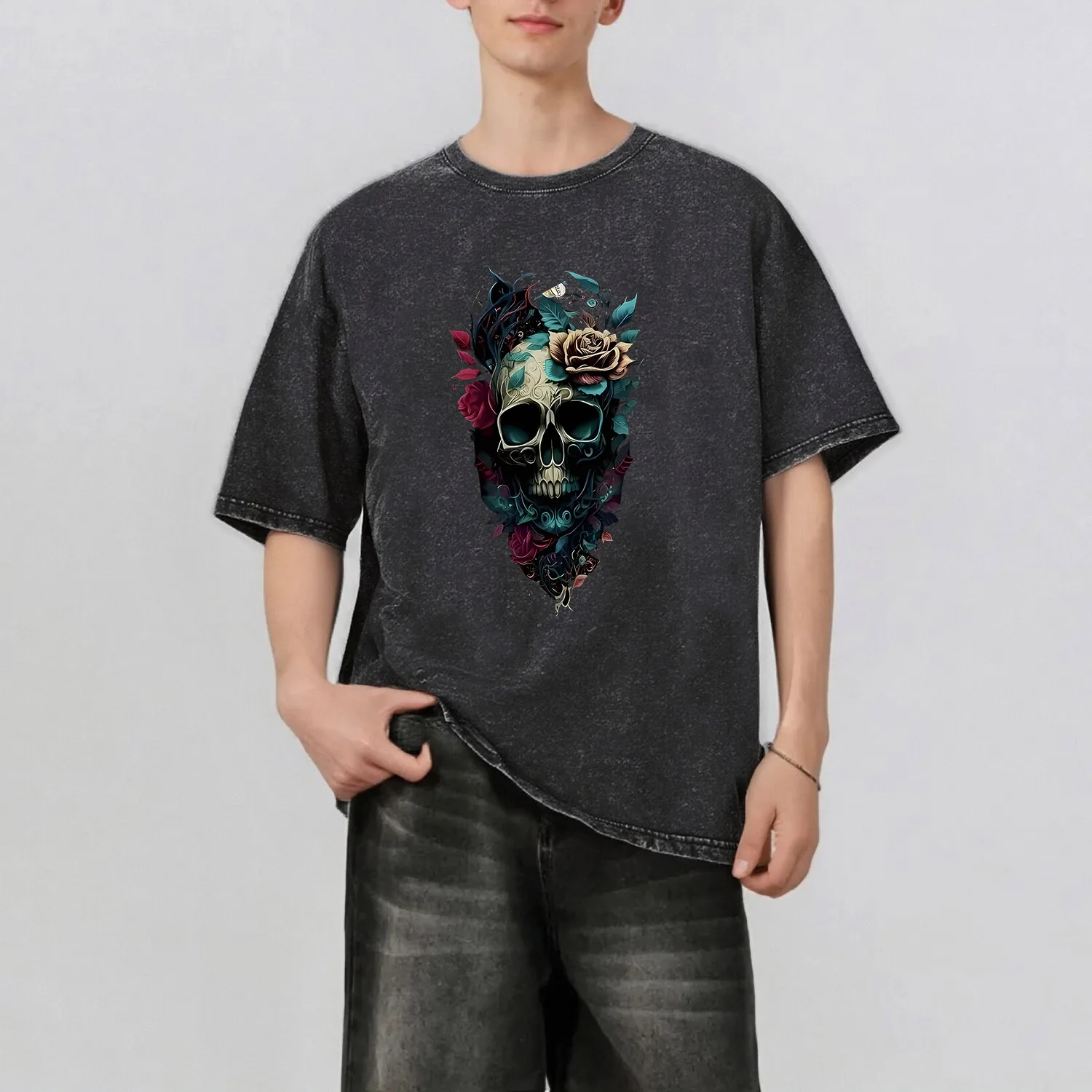 

Мужская летняя футболка с рисунком черепа розы в стиле ретро, повседневная базовая мужская футболка с короткими рукавами, 230 г