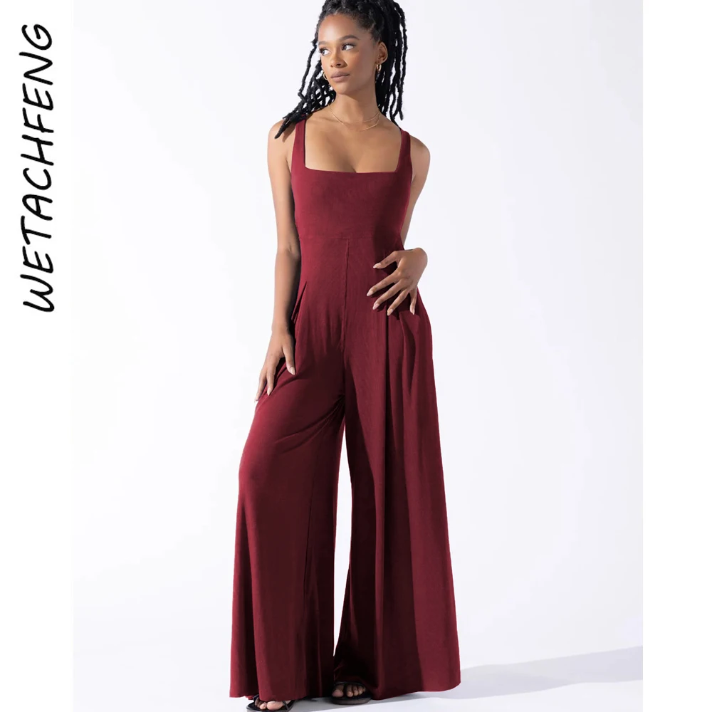 Knitted Square Neck Vest Overalls Wide Leg Pants Women Jumpsuits Sexy Office Lady Red Elegant Chic One Piece Playsuit Clothes