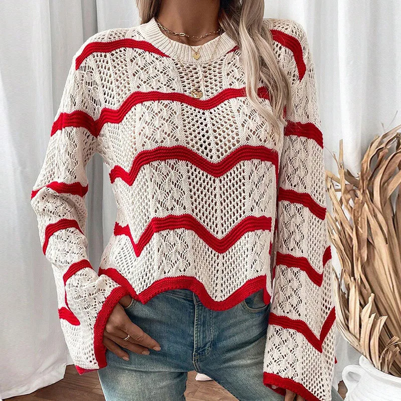 Ladies Chevron Striped Hollow Out Knit Top Bell Sleeve Crew Neck Sheer Crochet Sweater for Fall & Summer view 2