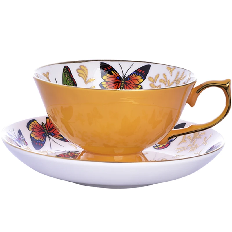 European Style Luxury Coffee Cup and Saucer Set, British Afternoon Tea Party, Butterfly Bone China Porcelain Teacup