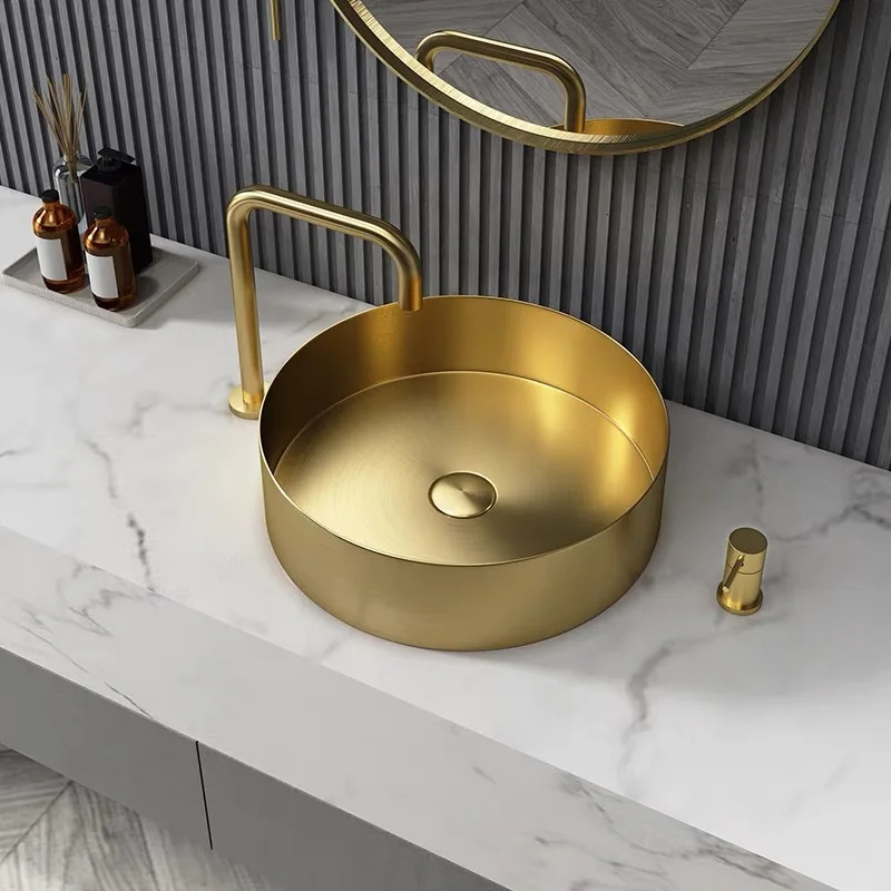 

Golden round stainless steel countertop basin Light luxury countertop Undercounter Wash Single Hotel
