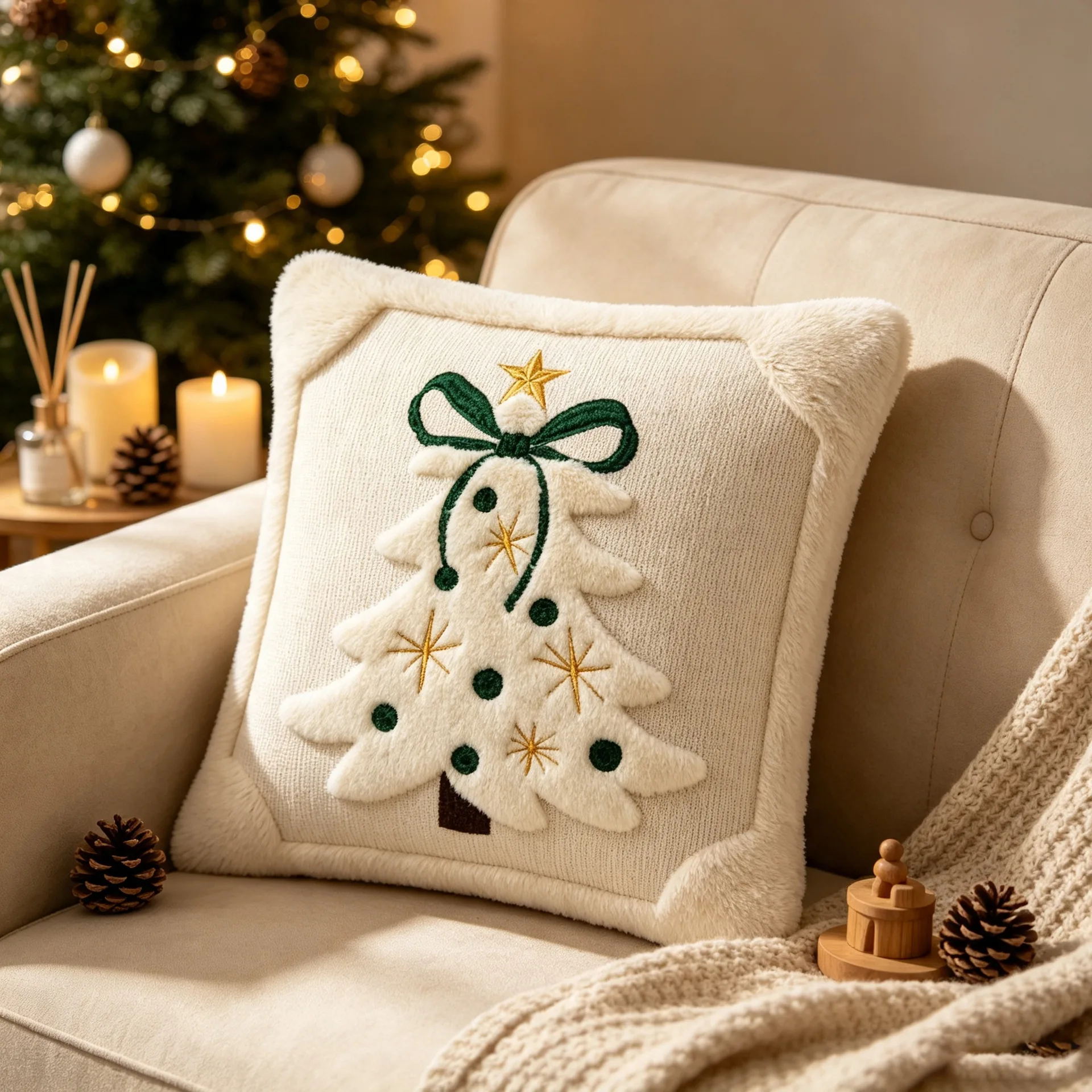 3D Jacquard Christmas Throw Pillow Cover Winter Plush Embroidered Bow Star Decor Cushion Cover 45x45cm Xmas New Year Gift