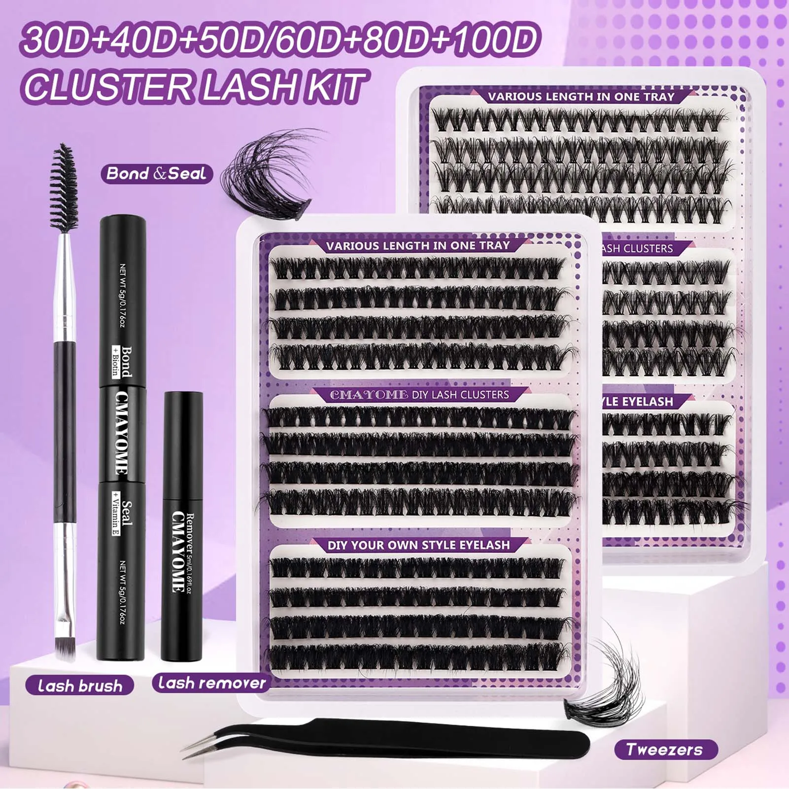 10-16mm Eyelash Clusters Kit DIY Lash Extension Kit Lash Bond And Seal And Eyelash Tweezers With Waterproof Strong Hold