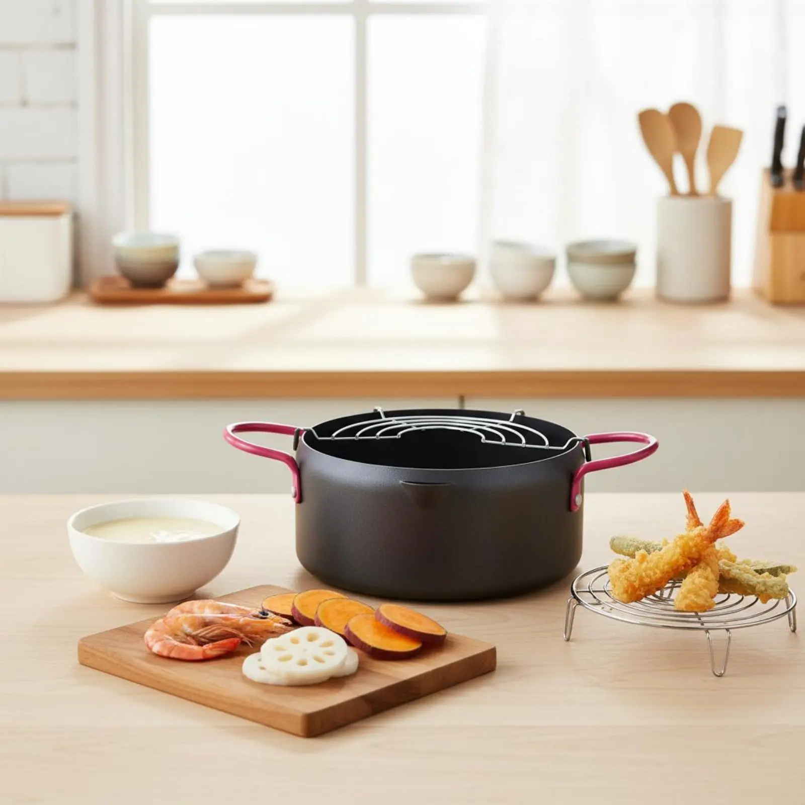 Olla Japonesa para Freír en Gas e Inducción, Sartén Japonesa para Freír, Utensilios de Cocina con Asas Anti-Quemaduras