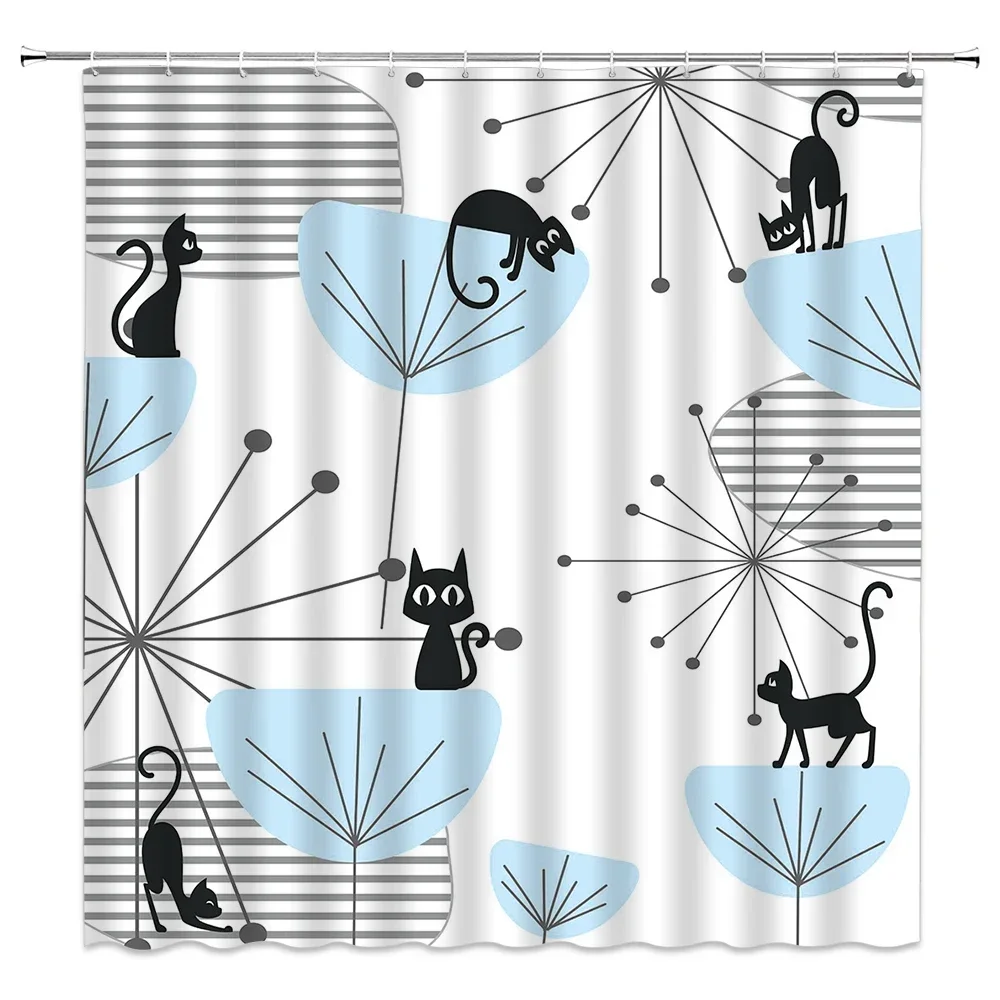 Blue Tone Shower Curtain, Mid Century Modern Lines Round Ribbed Animal Cat Tree Branch Bathroom Decorative Shower Curtains