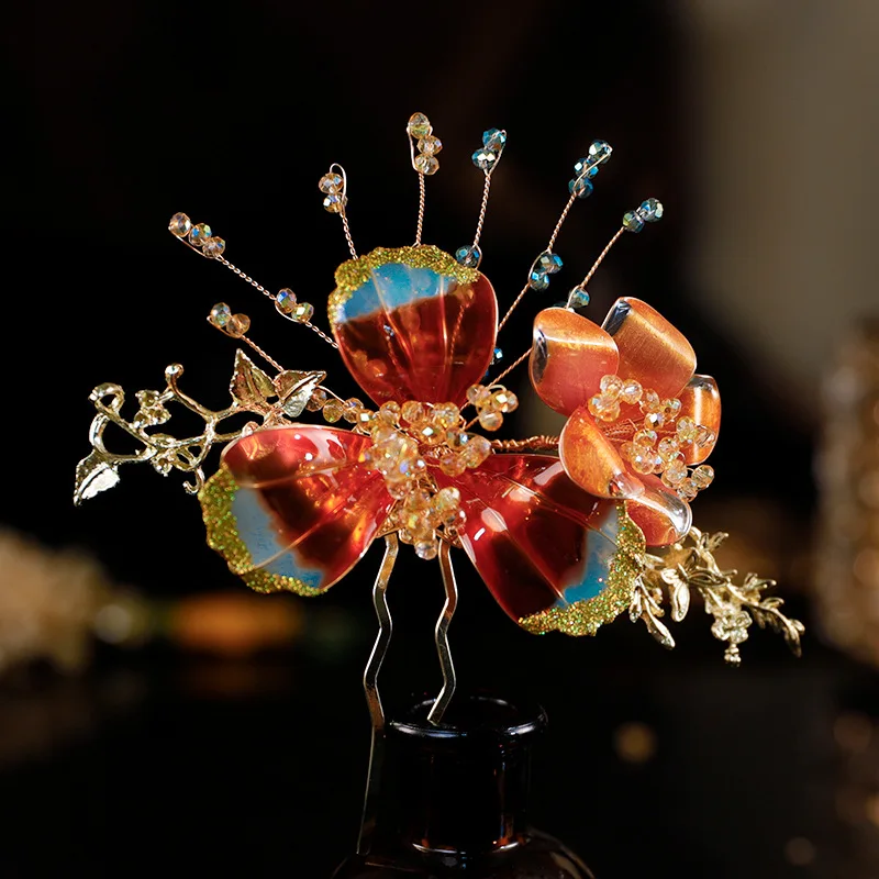 Xiuhe غطاء الرأس غطاء الرأس الزفاف جديد الصينية الكلاسيكية الأحمر المياه التخثر زهرة إكسسوارات الشعر دعوى وثوب الزفاف