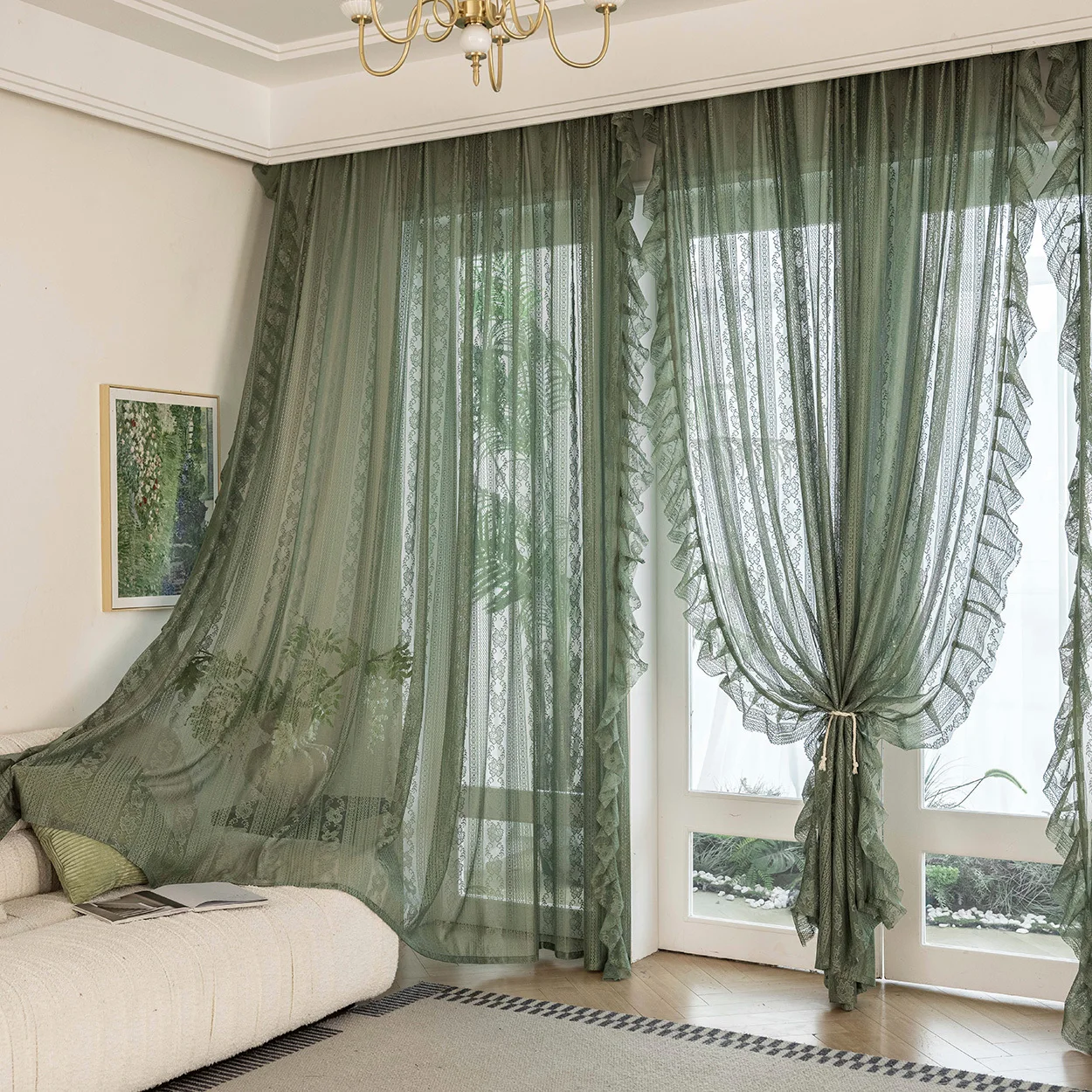 1pc Green Embroidered Sheer Curtain with Double Ruffled Trim Floral Striped Lace Voile Light Filtering Drapes for Living Room