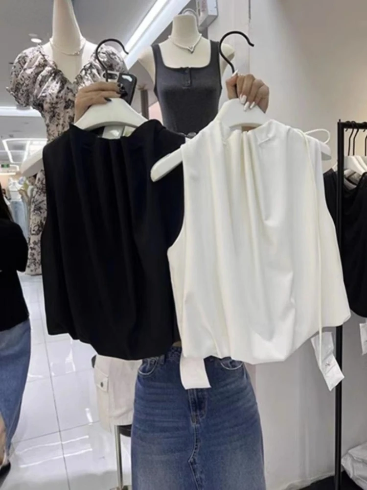 2024 Camisas De Mujer Temperament Women Shirt Solid Color Sleeveless Cropped Tops Bandage Summer Loose Korean Vintage Blouses