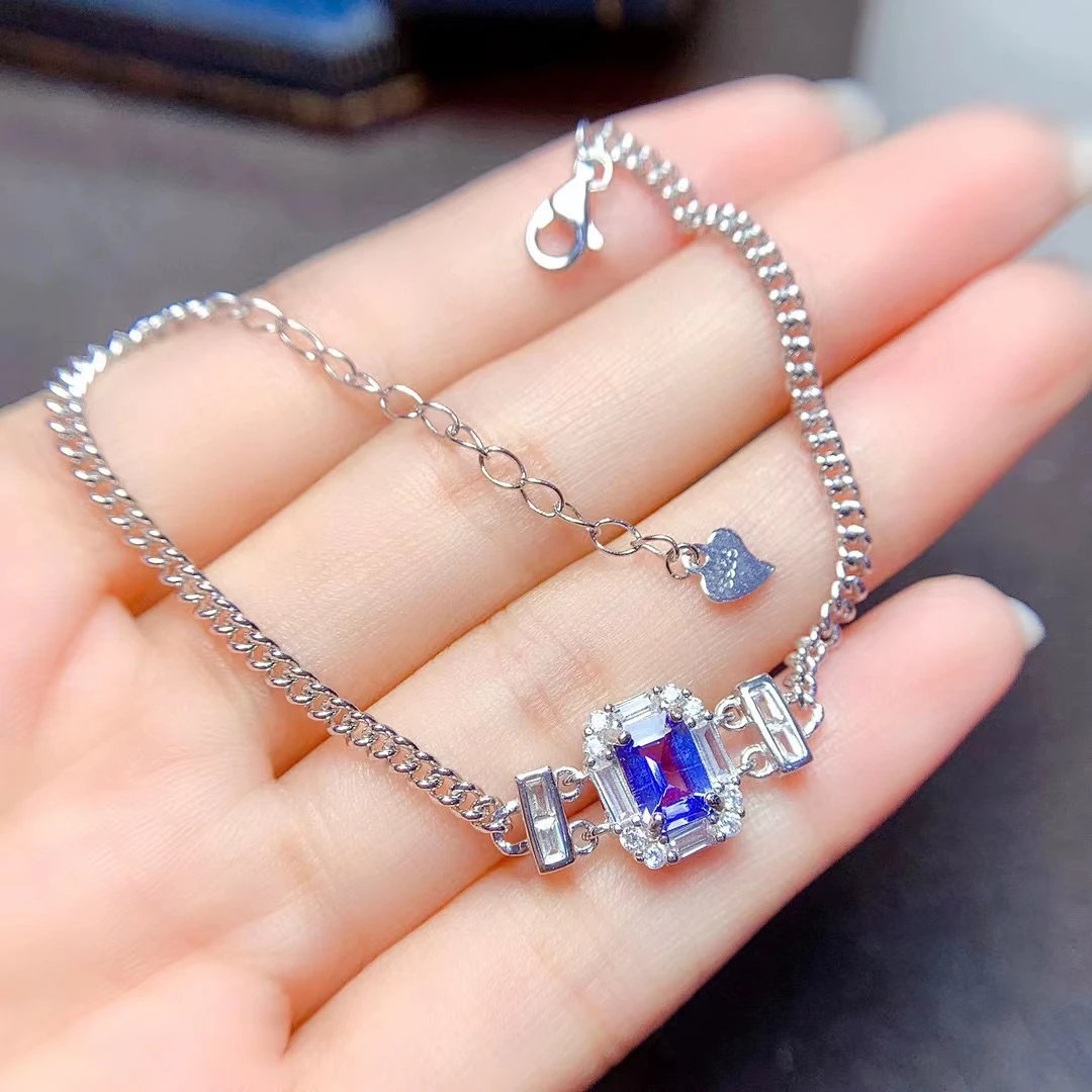 Fashion Silver Gemstone Bracelet 5mm*7mm 0.8ct Natural Tanznaite Bracelet for Daily Wear 925 Silver Tanzanite Jewelry