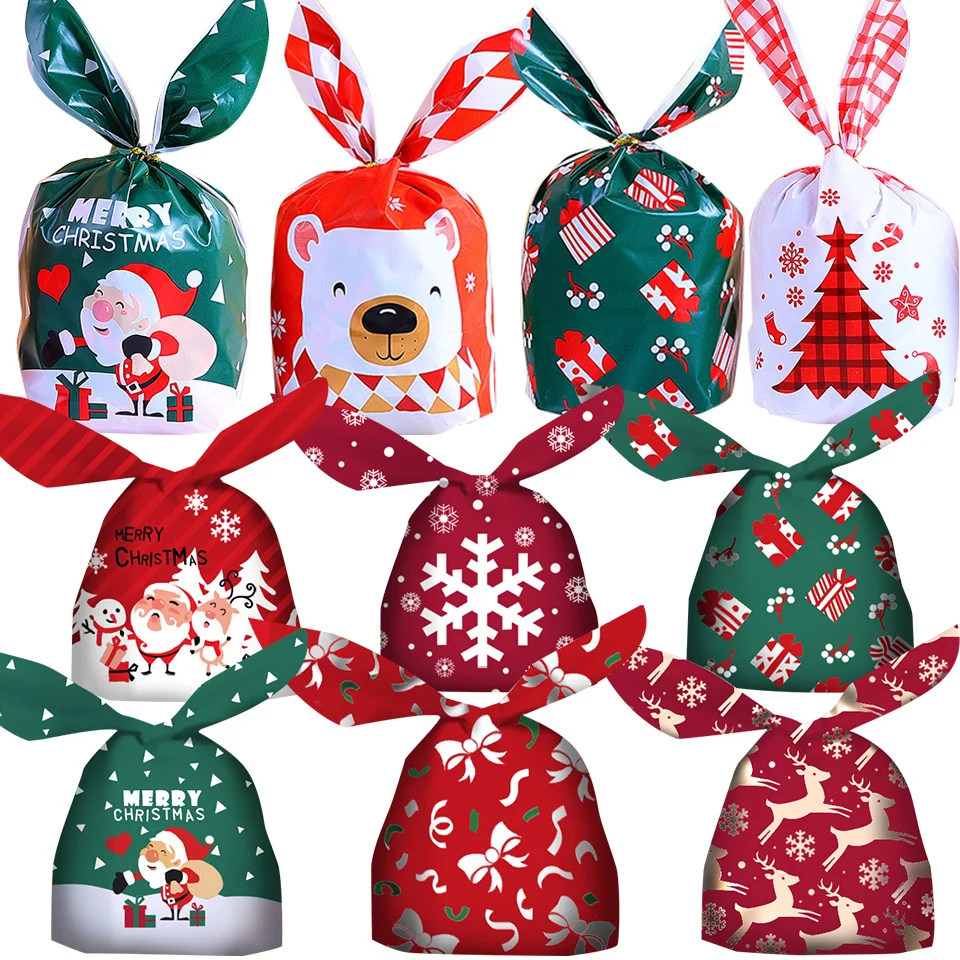 10/20pcs Rabbit Ear Christmas Candy Bags Plastic Carton Santa Claus Snowman Candy Bags For Xmas Cookies Gifts Packing Supply